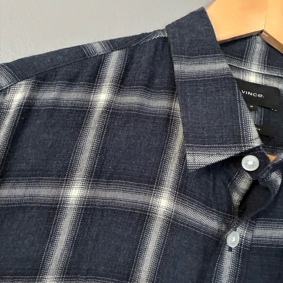 VINCE Navy Plaid Classic Fit Button Down Long Sleeve preppy cotton rayon Size M - Picture 5 of 12